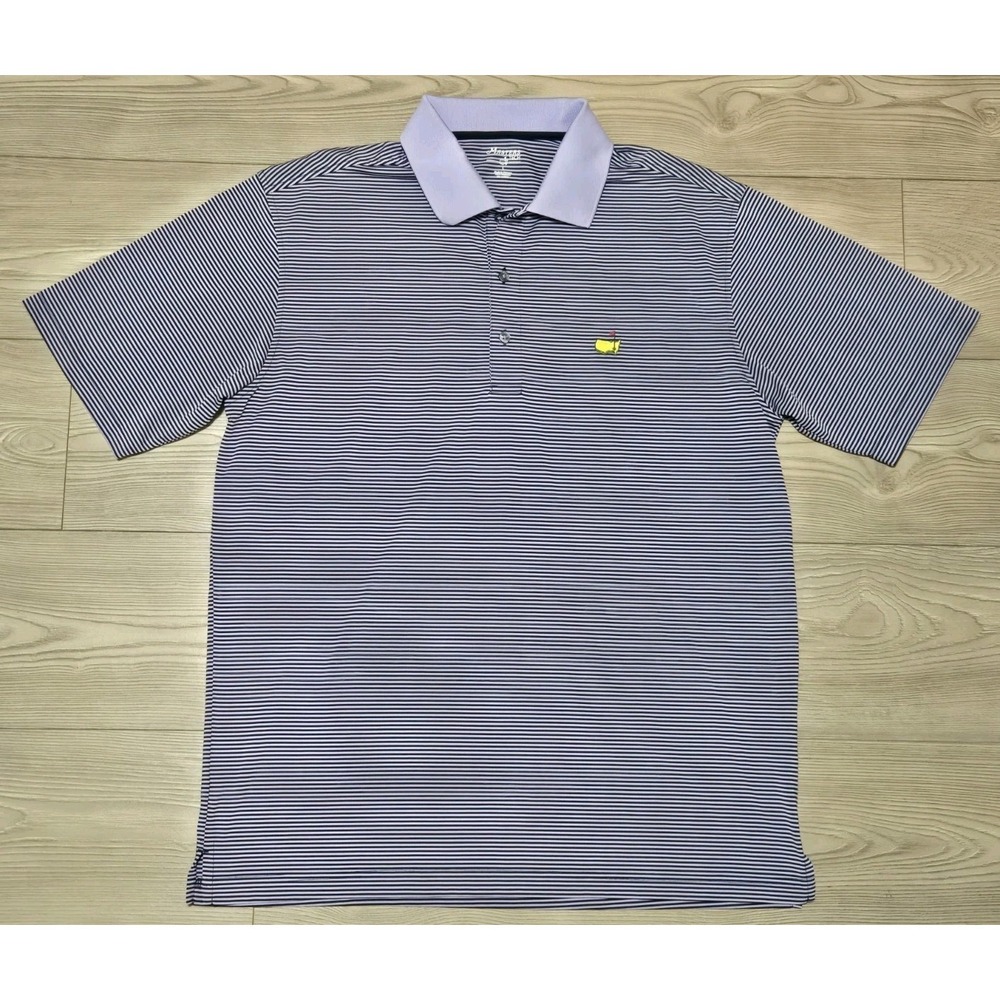 Masters Tech Polo Shirt Large Blue Striped Short Sleeve Preppy Business Golf